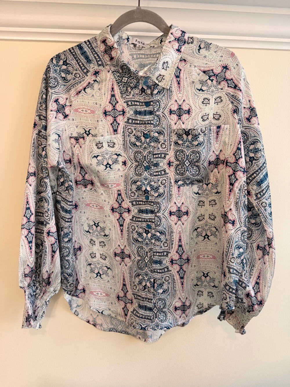fab'rik Paisley Button-Up Top in Pink and Navy